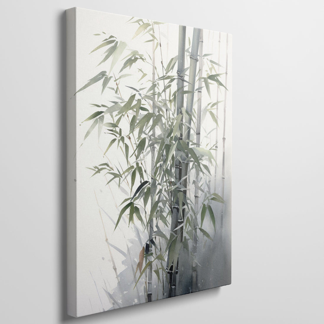 Framed watercolour painting of bamboo against a soft misty background