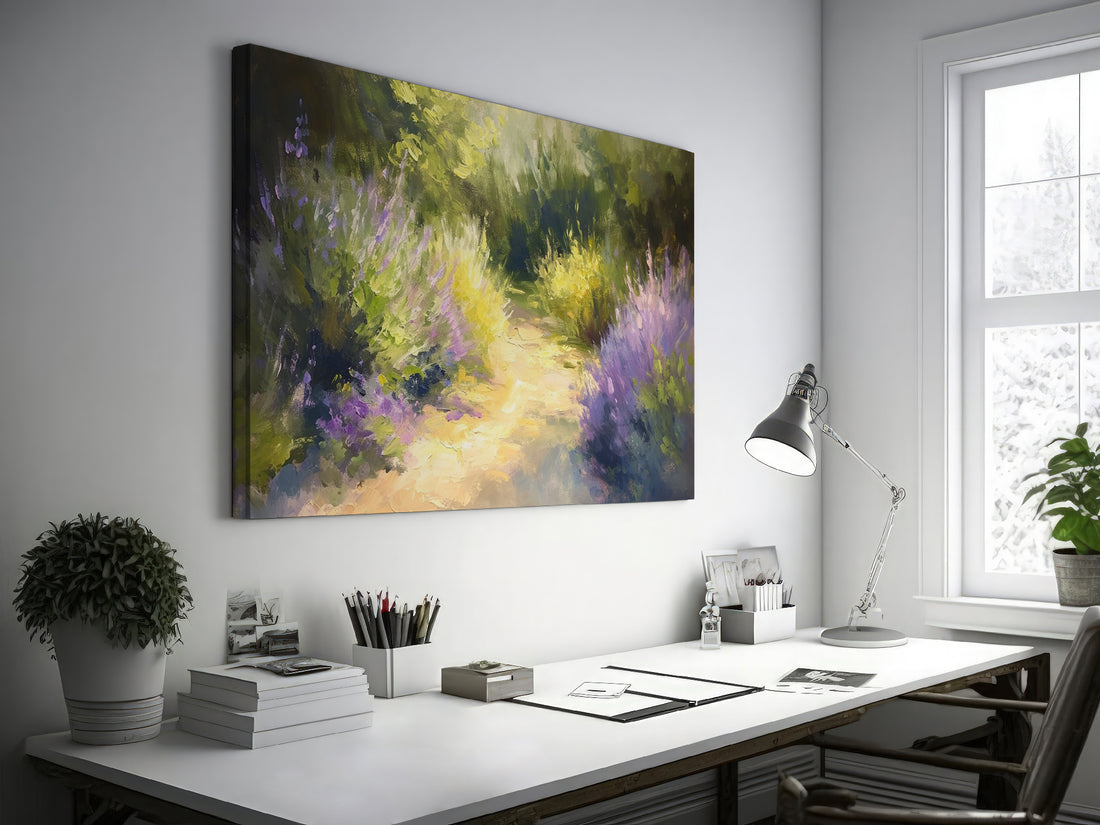 Impressionist canvas print of a garden path with purple lavender and green foliage in sunlight