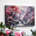 Framed canvas print of a mystic Eastern landscape with cherry blossoms and a mountain waterfall