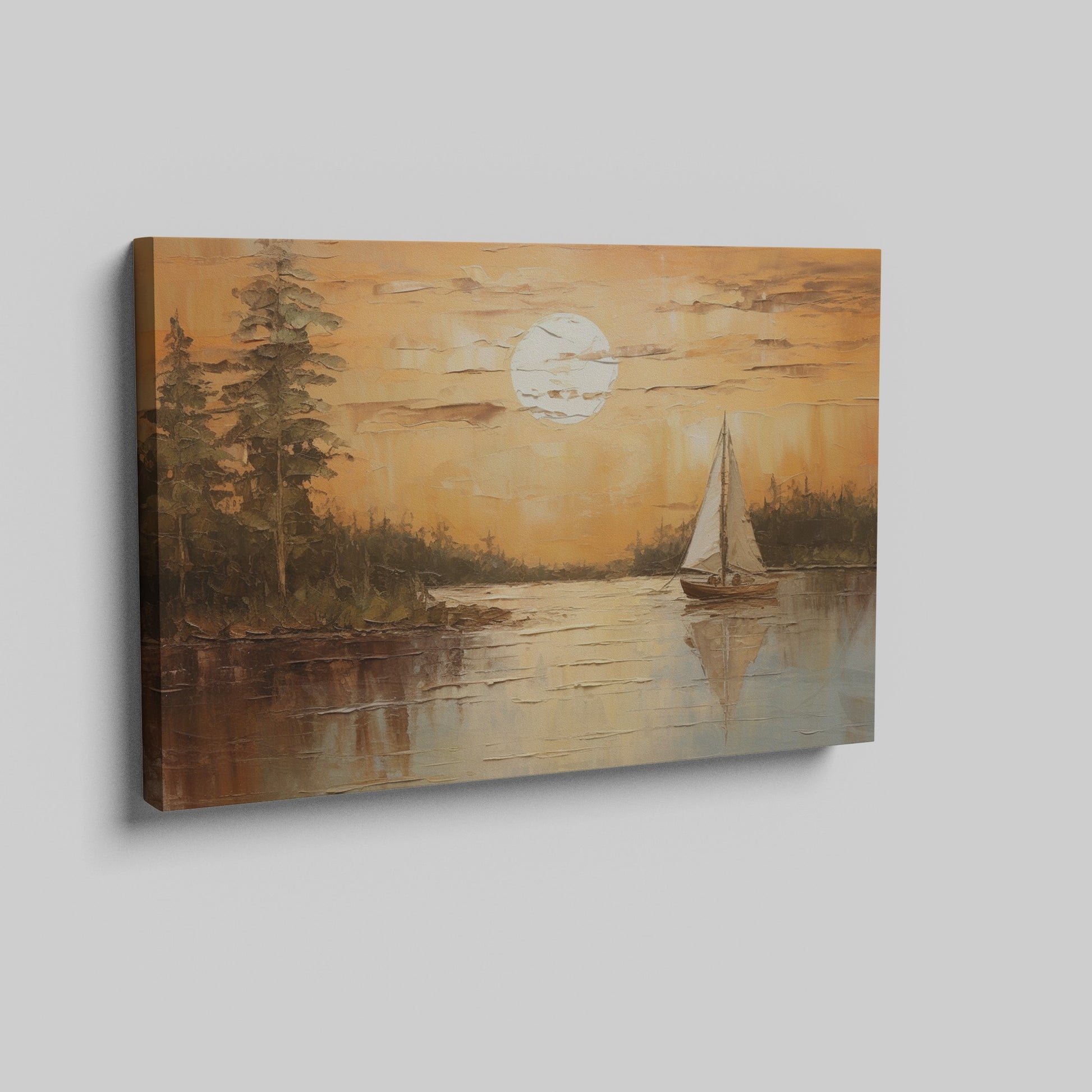 Canvas print of a sunset with orange skies, sailboat on calm lake, and tree silhouettes