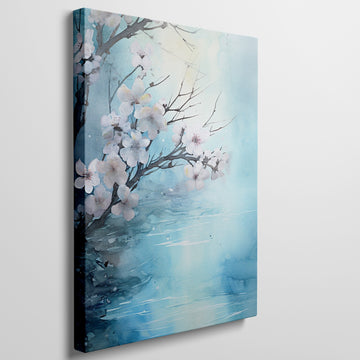 Watercolor painting of cherry blossoms with a tranquil blue background, suitable for contemporary wall art.