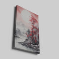 Framed canvas print of Asian-inspired landscape with crimson tree and misty mountains
