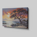 A vibrant sunset painting with an orange and red leafy tree overlooking a coastal seascape with gentle waves and cliffs.