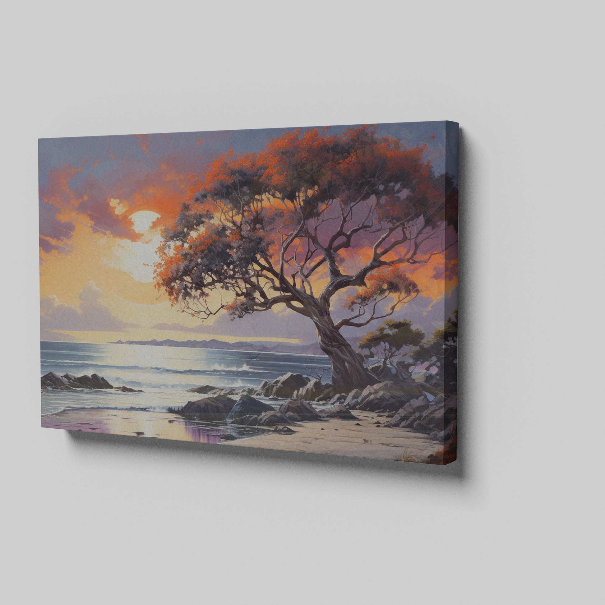 A vibrant sunset painting with an orange and red leafy tree overlooking a coastal seascape with gentle waves and cliffs.