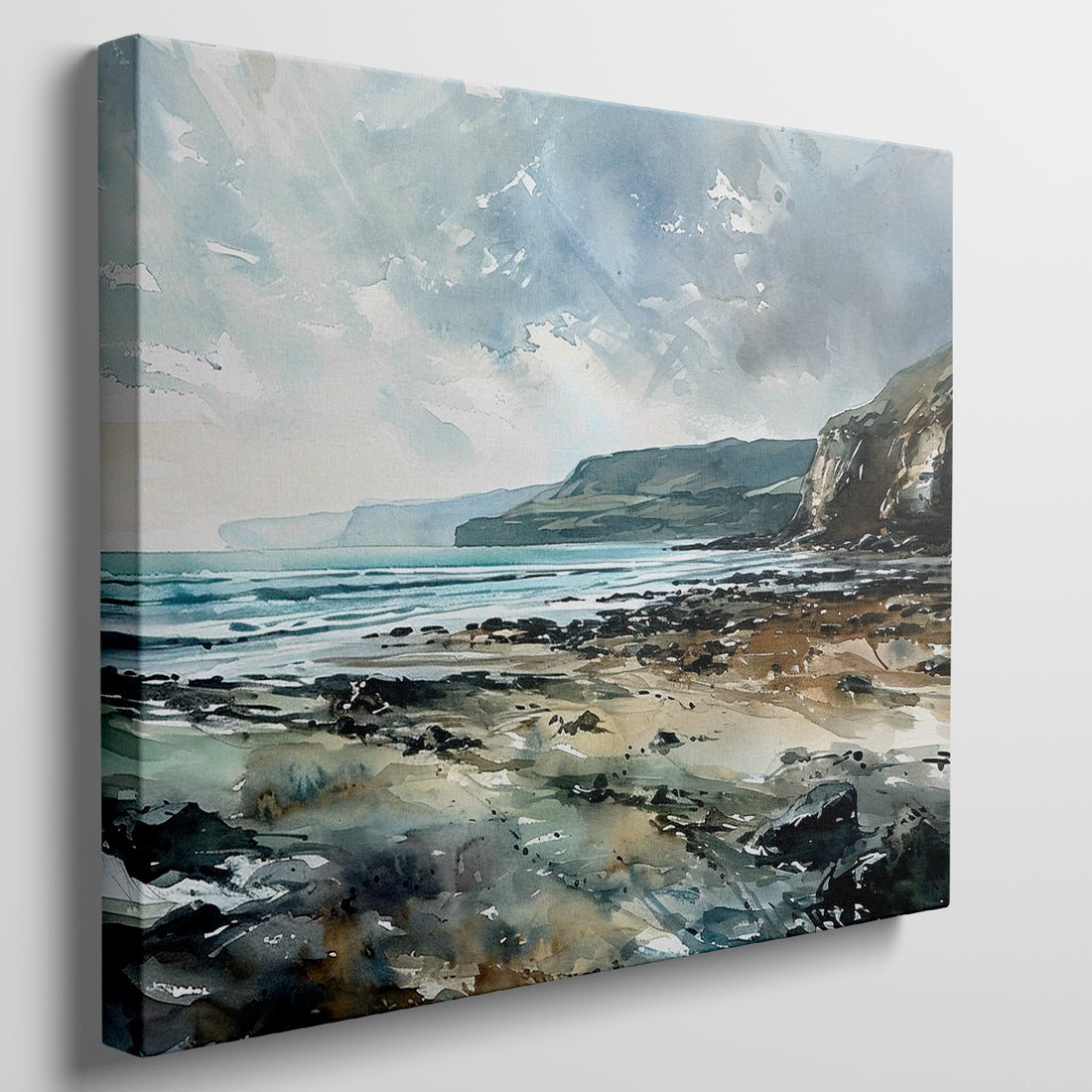 Watercolour painting of a tranquil seascape with cliffs, a calm sea and a blue sky with clouds