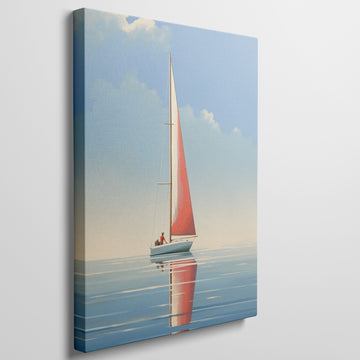 Framed canvas print of a red sailboat on serene blue waters with a clear sky