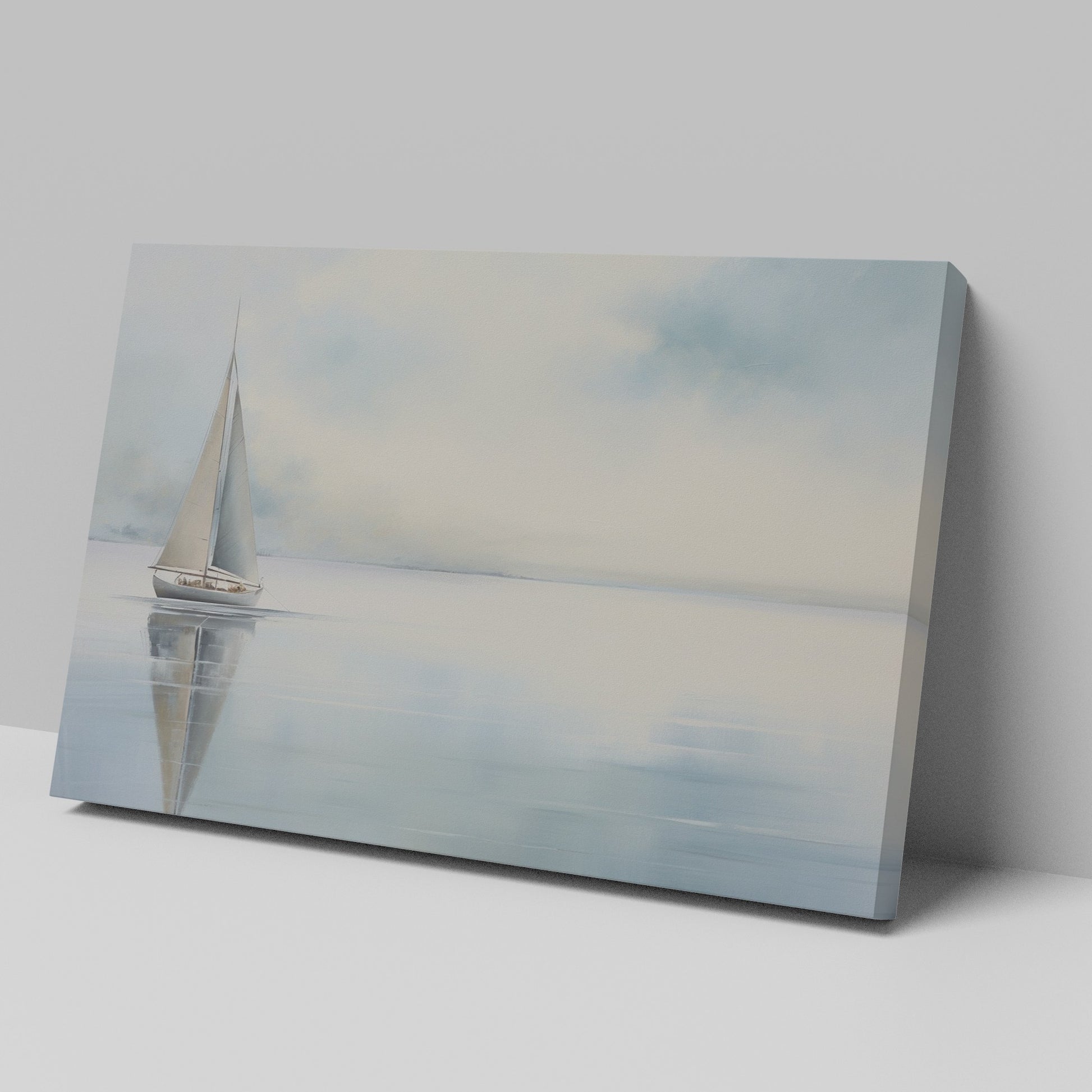 Framed canvas print of a serene sailboat with reflection on tranquil blue water