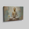 Framed canvas print of a serene Buddha meditating with warm earth tones and blue accents