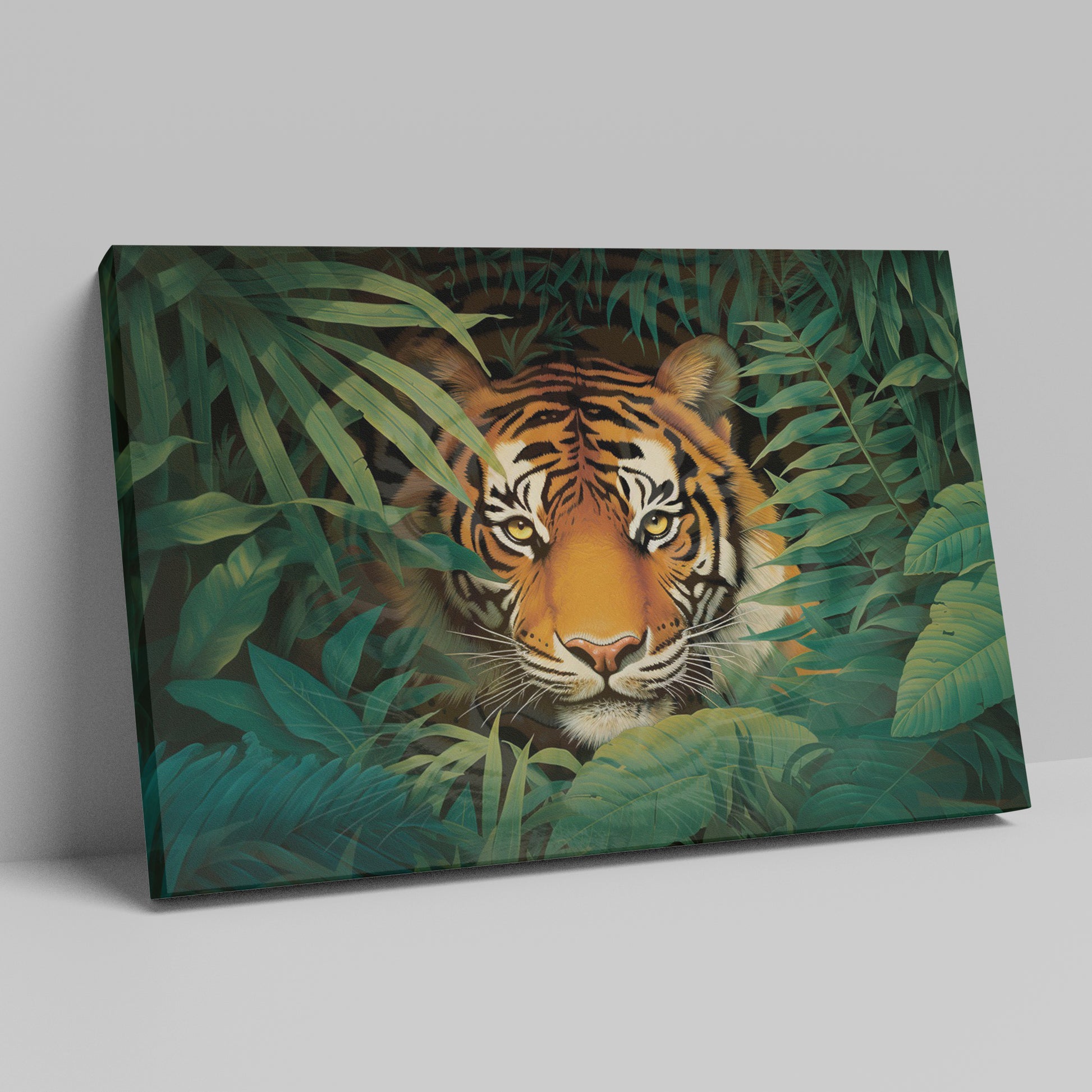 Canvas print of a tiger in a jungle with vivid green leaves around it