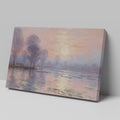 Impressionist-style painting of a peaceful river landscape at sunrise with reflections and tall trees.