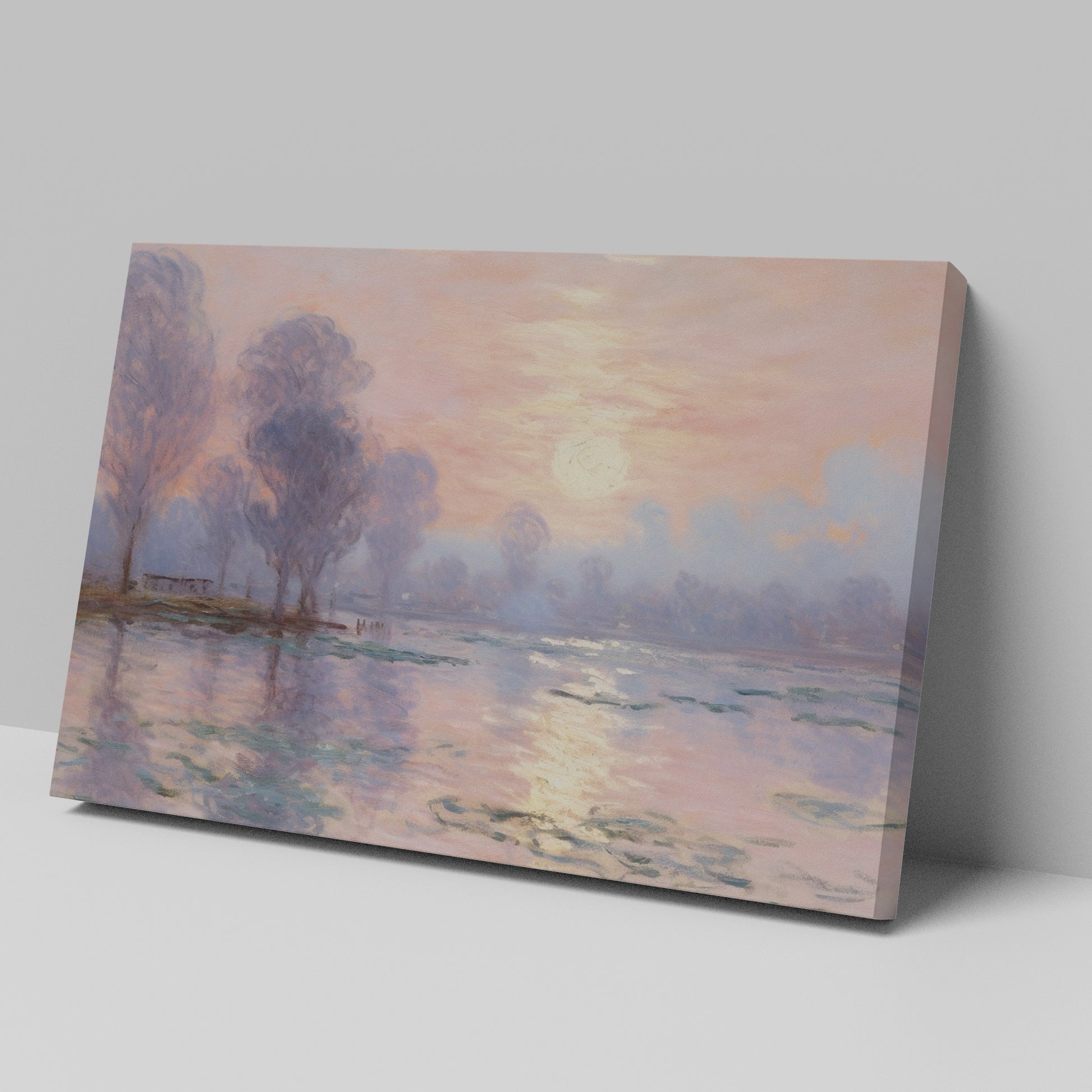 Impressionist-style painting of a peaceful river landscape at sunrise with reflections and tall trees.