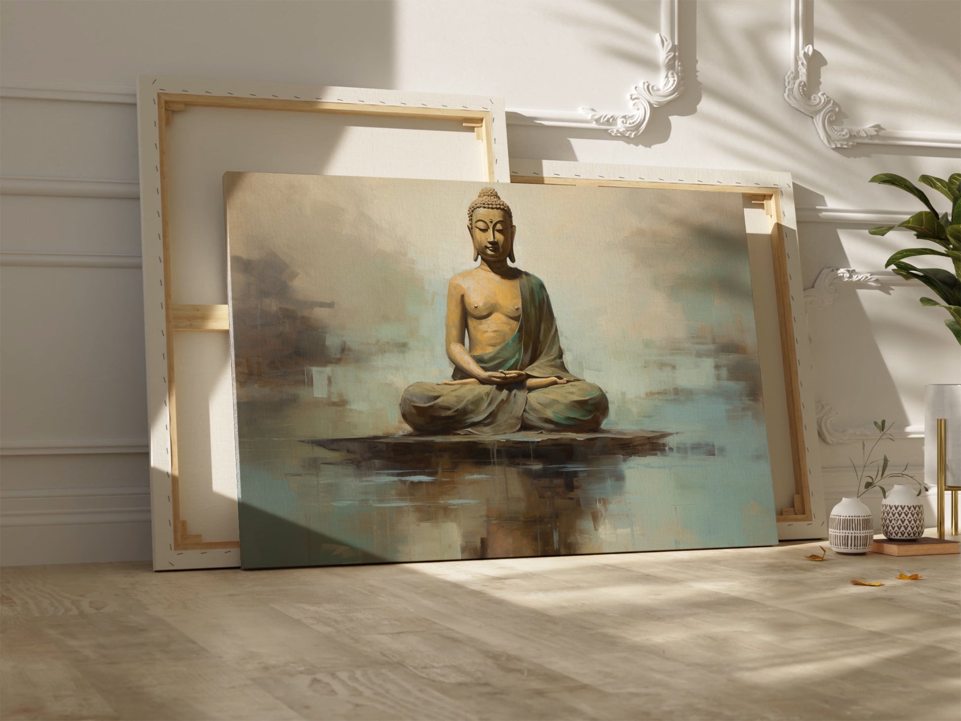 Serene Buddha Canvas Print in Earthy Tones on the Abstract Background