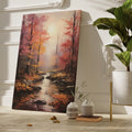 Framed canvas print of an autumn forest with a waterfall and misty atmosphere