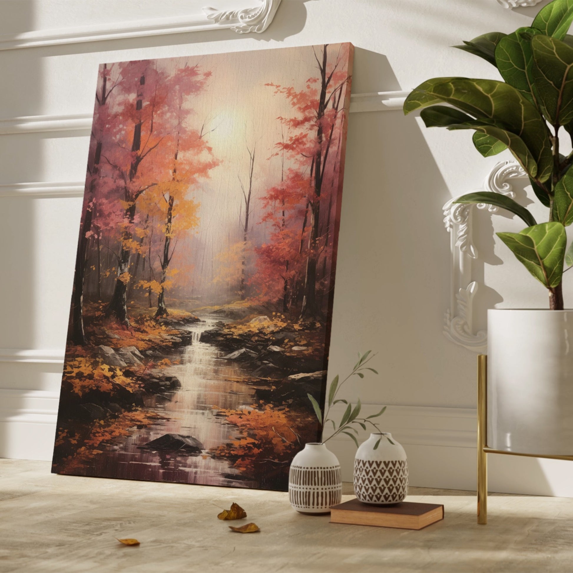 Framed canvas print of an autumn forest with a waterfall and misty atmosphere