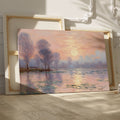 Impressionist-style painting of a peaceful river landscape at sunrise with reflections and tall trees.