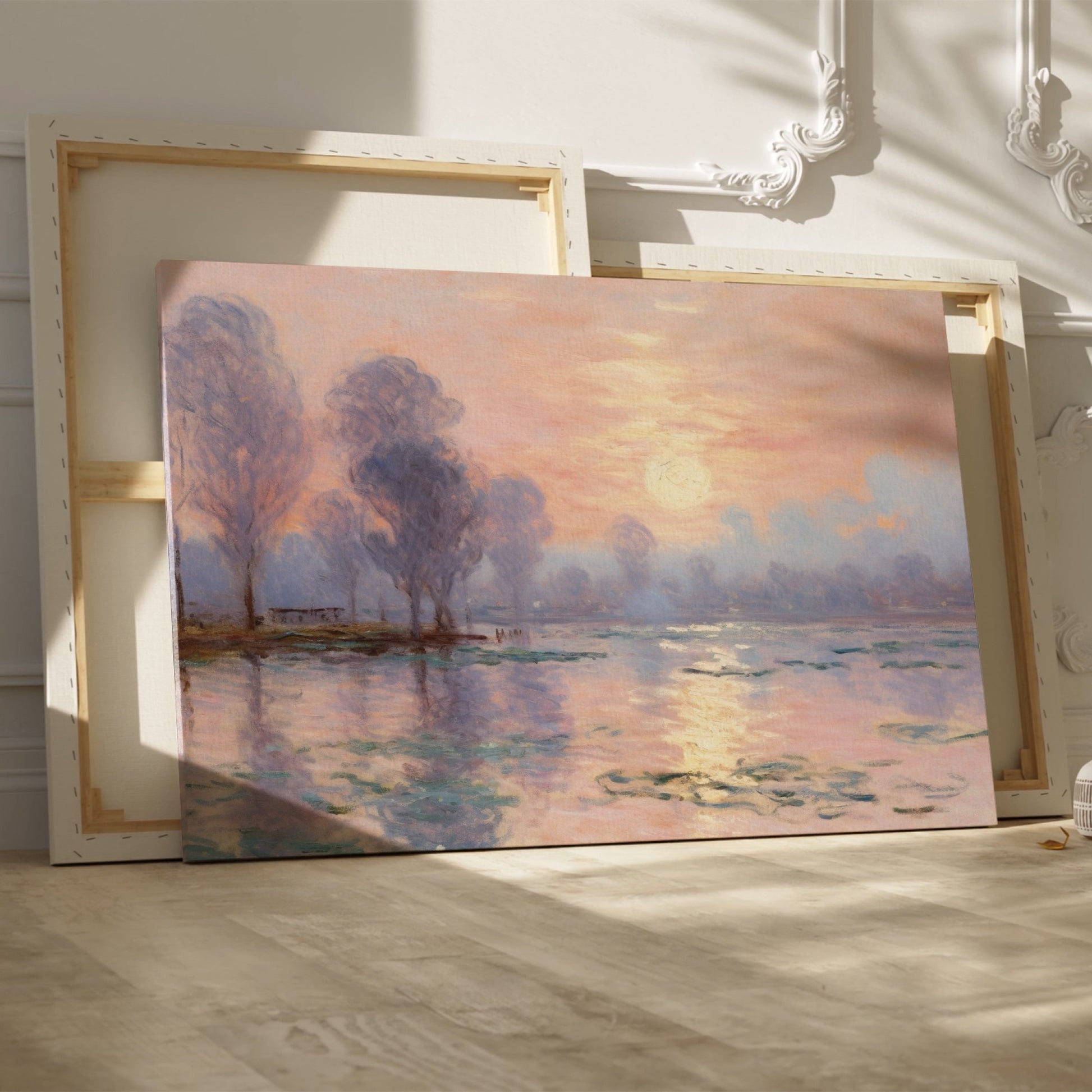 Impressionist-style painting of a peaceful river landscape at sunrise with reflections and tall trees.