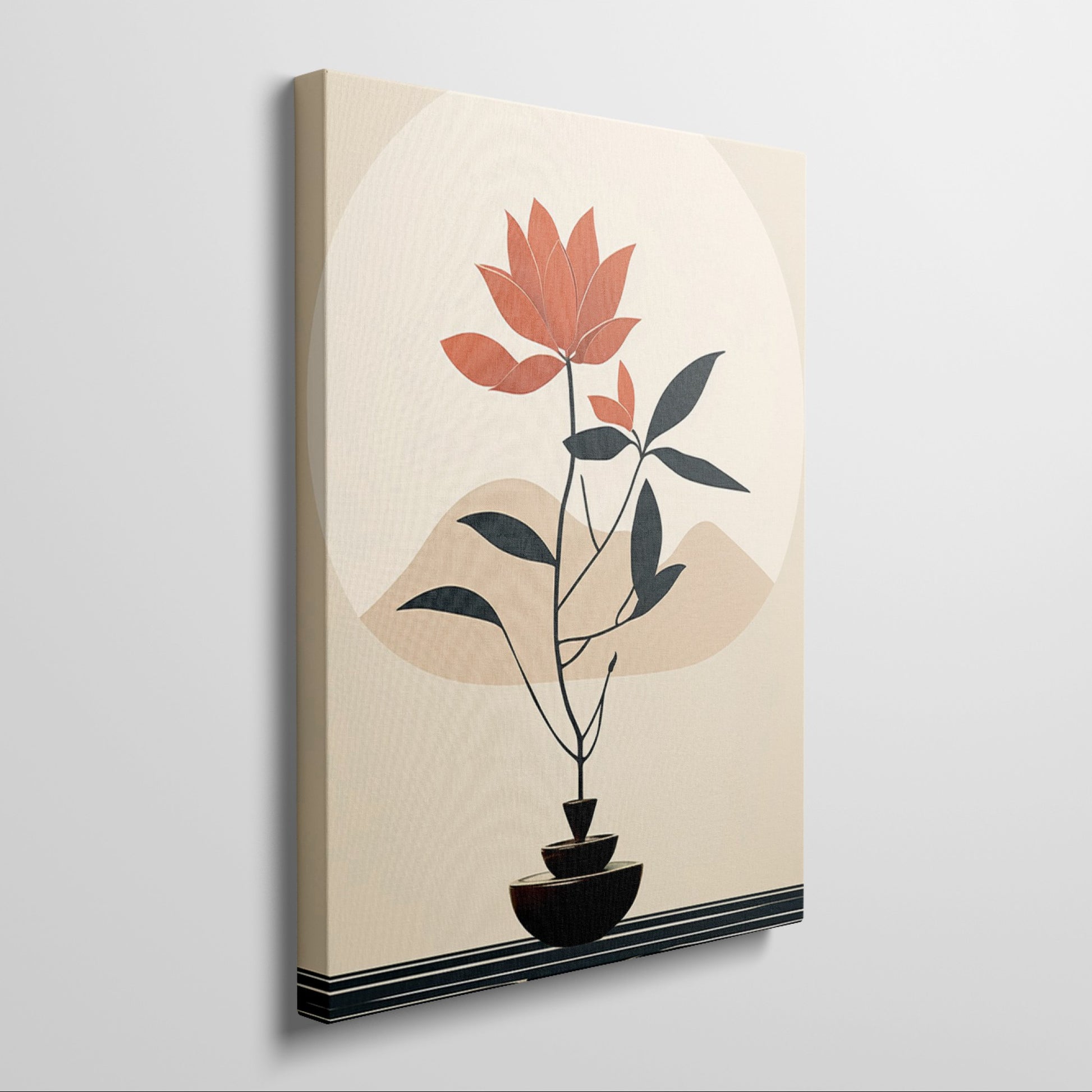 Framed canvas print of a minimalist bonsai tree silhouette against an abstract nature background