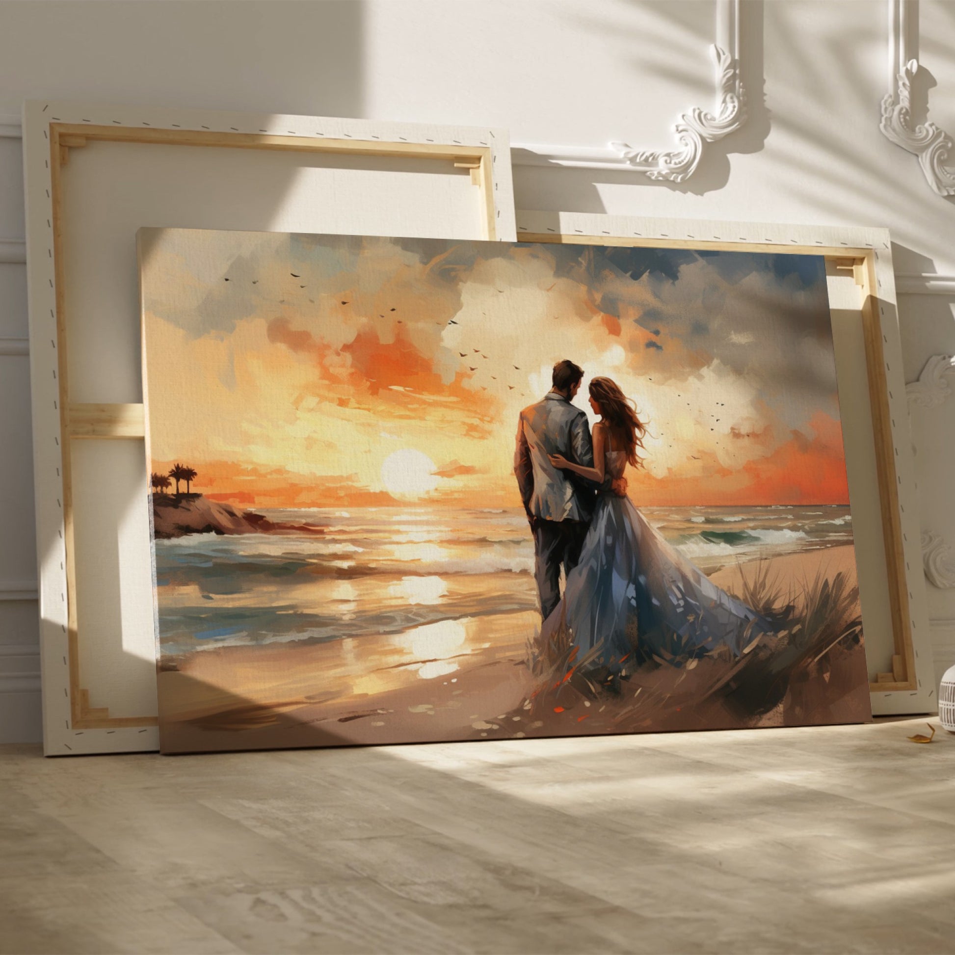 Framed canvas print of a couple embracing on a beach at sunset with vibrant warm colours and soft lighting