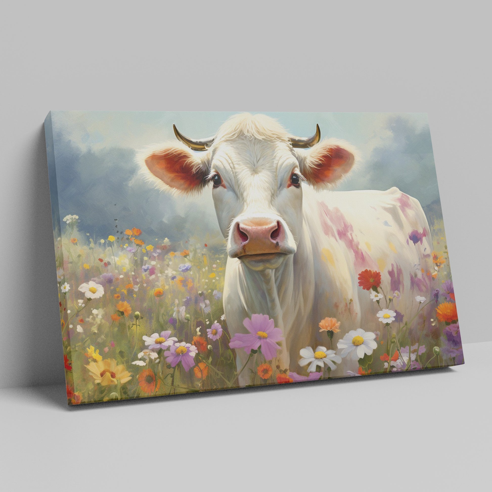 Framed canvas print of a realistic cow in a colourful meadow with wildflowers