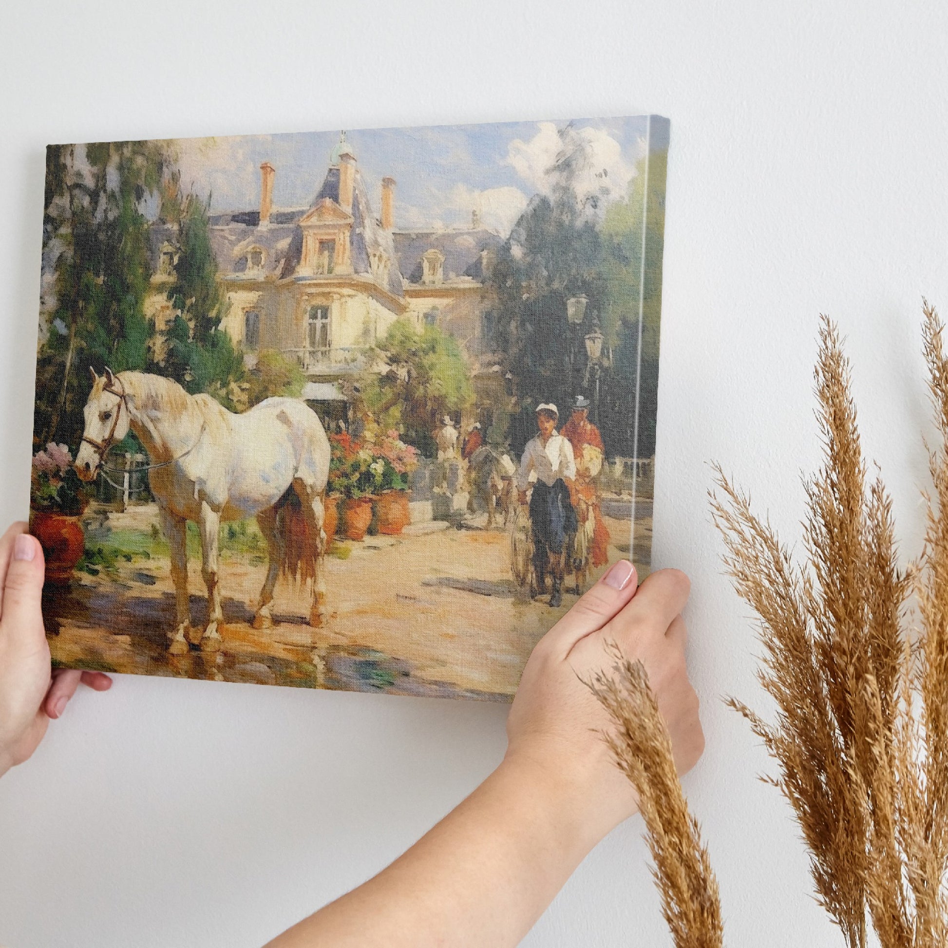 Framed canvas print of an impressionist painting featuring a white horse, a Victorian estate, and garden scenery