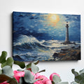 Framed canvas print of a vibrant impasto painting featuring a lighthouse at sunset with dynamic ocean waves