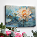 Framed canvas print of a blooming lotus flower with lush blue and orange hues