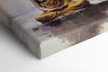 Framed canvas print of a meditative Buddha figure in golden and beige tones with a serene abstract background