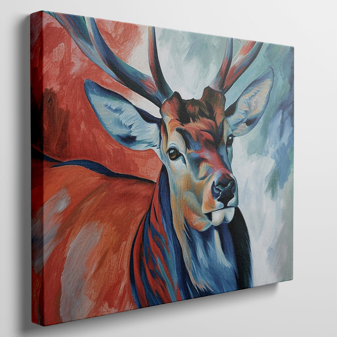 A vibrant canvas print featuring an elk portrait, with red and blue hues dominating the artwork.
