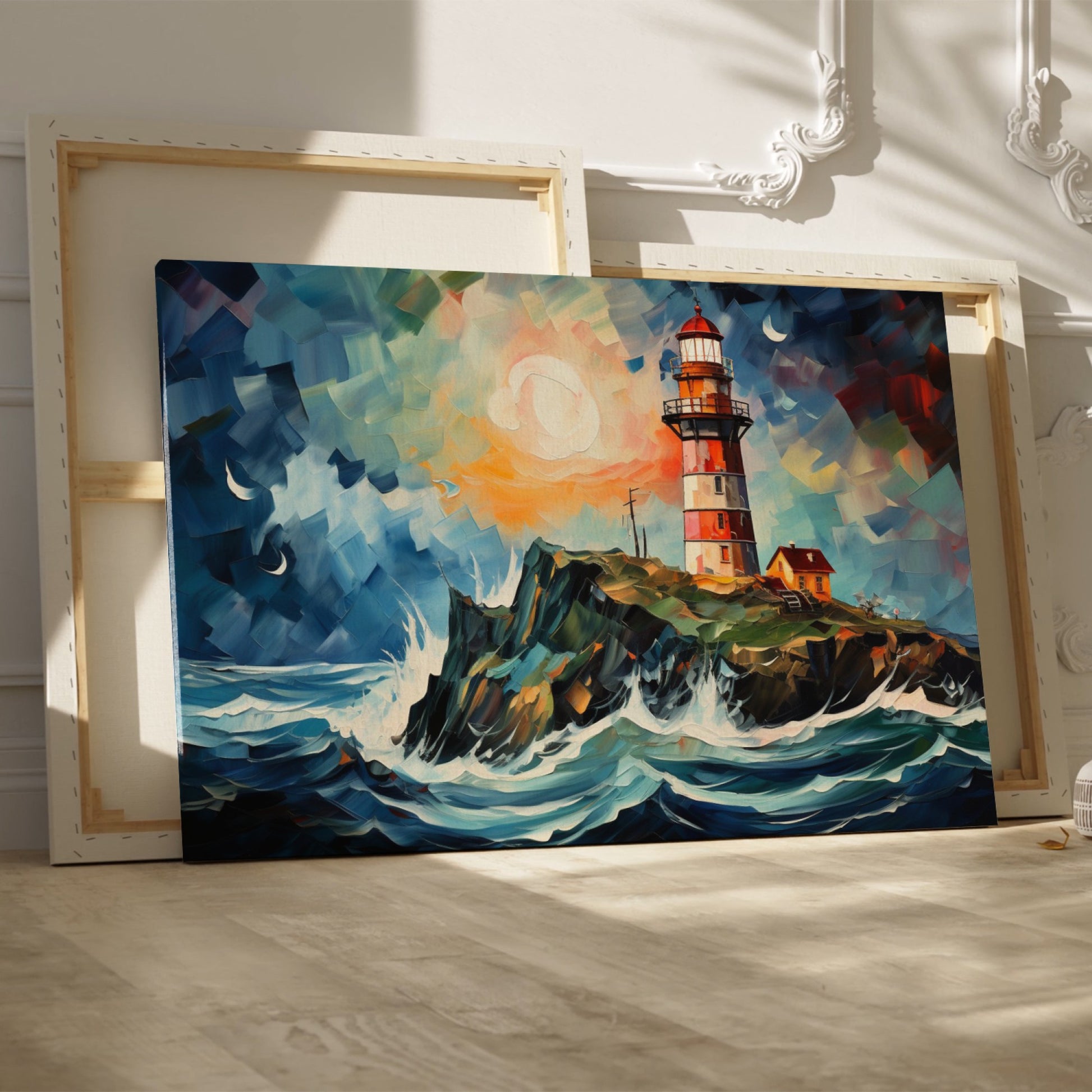 Framed canvas print of an abstract lighthouse seascape with vibrant sunset and dynamic brushstrokes