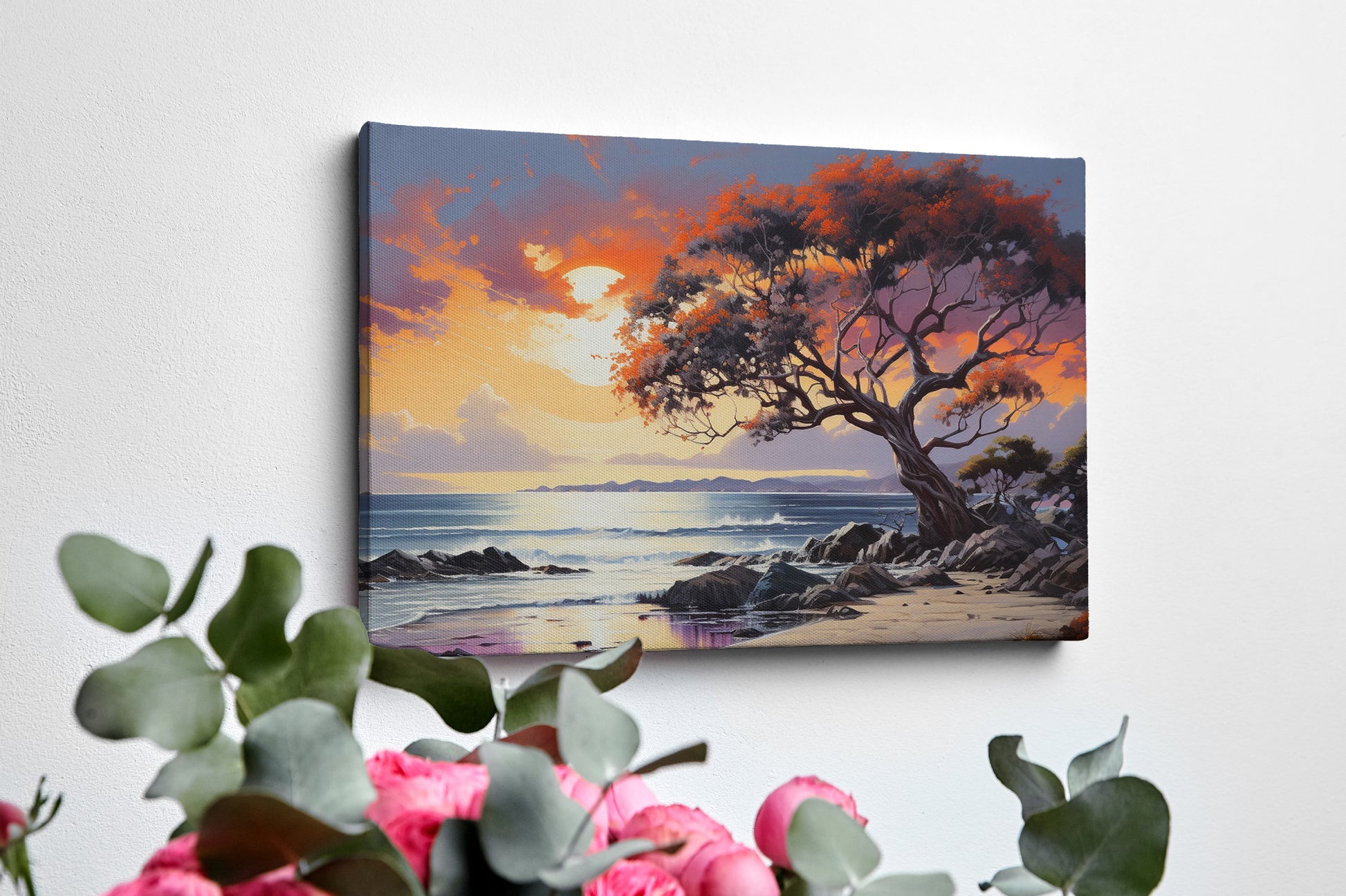 A vibrant sunset painting with an orange and red leafy tree overlooking a coastal seascape with gentle waves and cliffs.