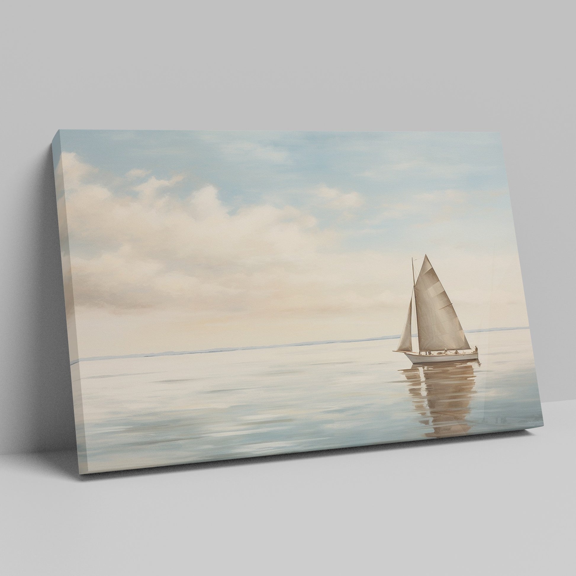 A peaceful painting of a sailboat sailing on calm ocean waters with clouds in the sky