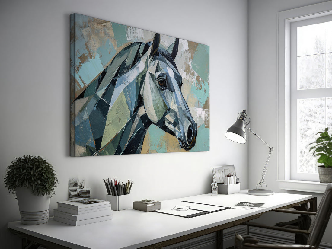 Cubist style canvas print of a horse in teal and beige