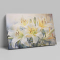 Framed canvas print of realistic white lily flowers with vibrant green foliage on a subtle background