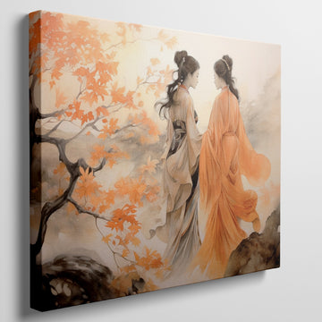Framed canvas print of two elegant figures in traditional Chinese attire amidst vibrant orange autumn leaves.