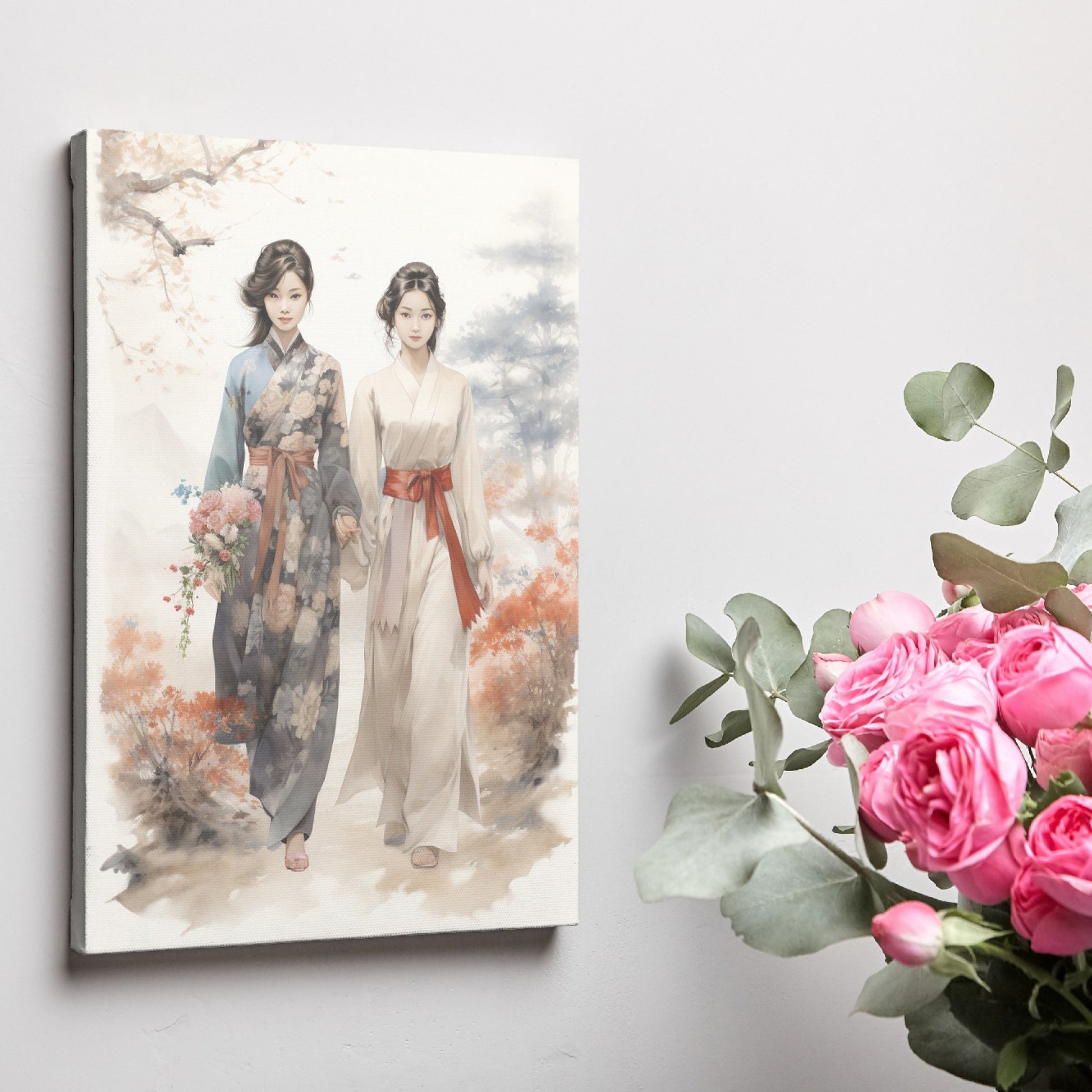 Digital painting of two women in traditional kimonos with cherry blossoms