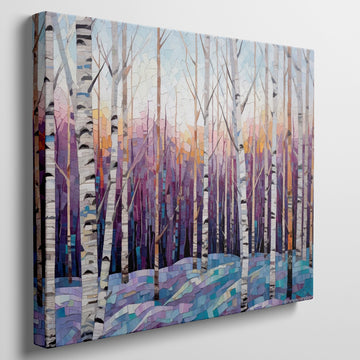 Framed canvas print of a vibrant geometric mosaic depicting an abstract birch forest with coloured leaves and sunset backdrop