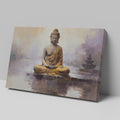 Framed canvas print of a meditative Buddha figure in golden and beige tones with a serene abstract background
