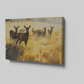 Framed canvas print of a deer herd in a golden autumn landscape with splattered paint effect.