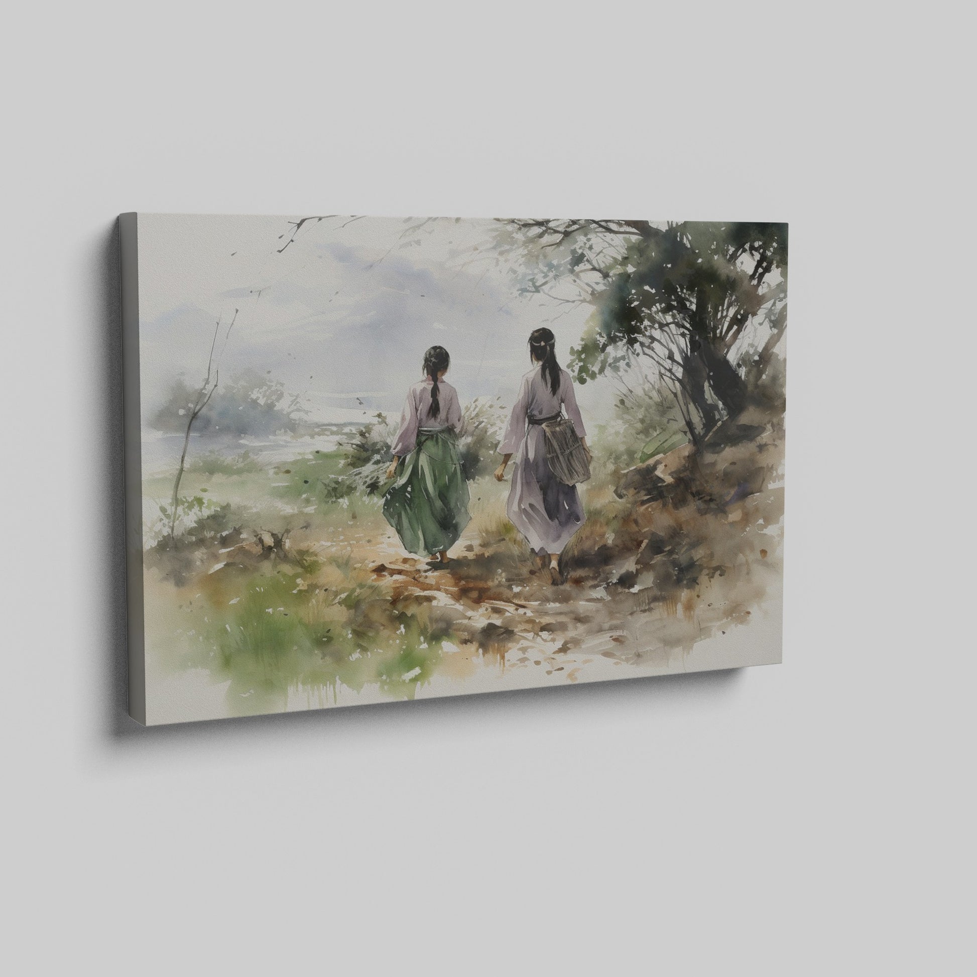 Watercolor painting of two figures in traditional attire walking through a natural landscape