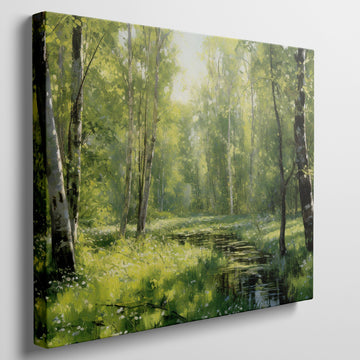 Framed canvas print of a lush forest scene with birch trees and a stream with sunlight filtering through green leaves