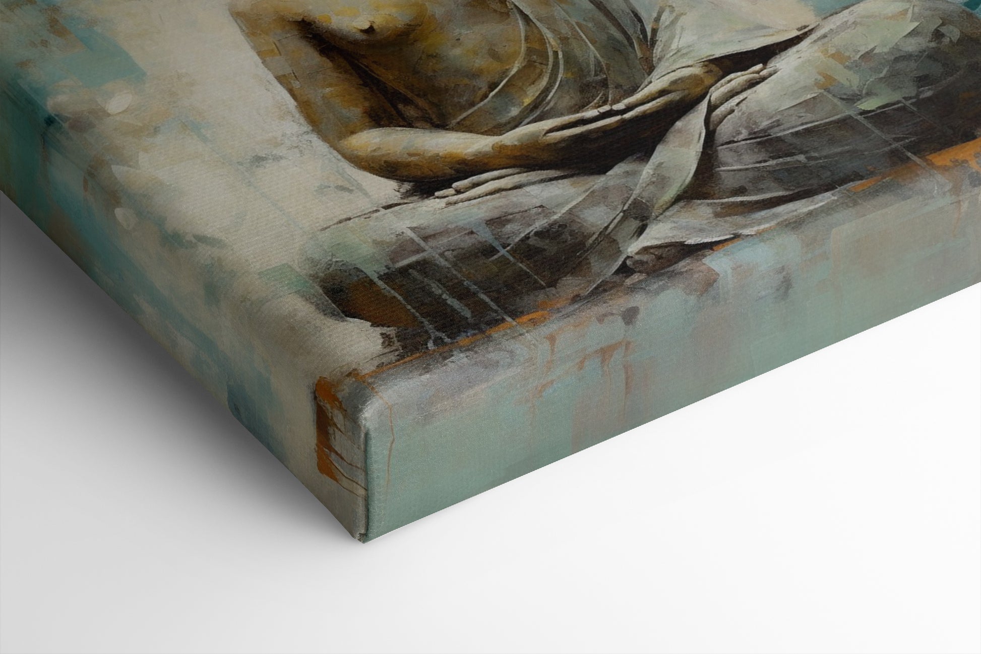 Canvas print of a meditating Buddha in beige and turquoise hues conveying serenity and spirituality.