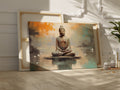 Framed canvas print of serene Buddha in meditative pose with abstract orange and blue background