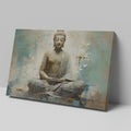Canvas print of a meditating Buddha in beige and turquoise hues conveying serenity and spirituality.
