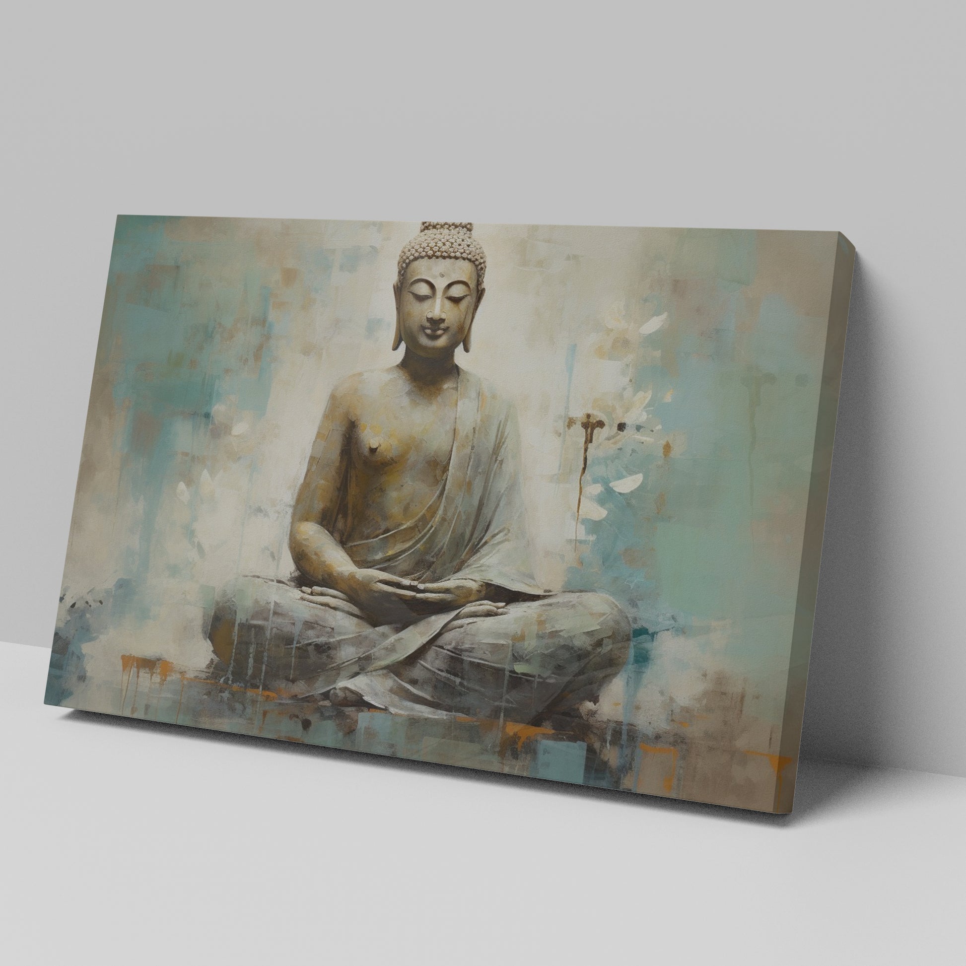 Canvas print of a meditating Buddha in beige and turquoise hues conveying serenity and spirituality.