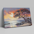 A vibrant sunset painting with an orange and red leafy tree overlooking a coastal seascape with gentle waves and cliffs.