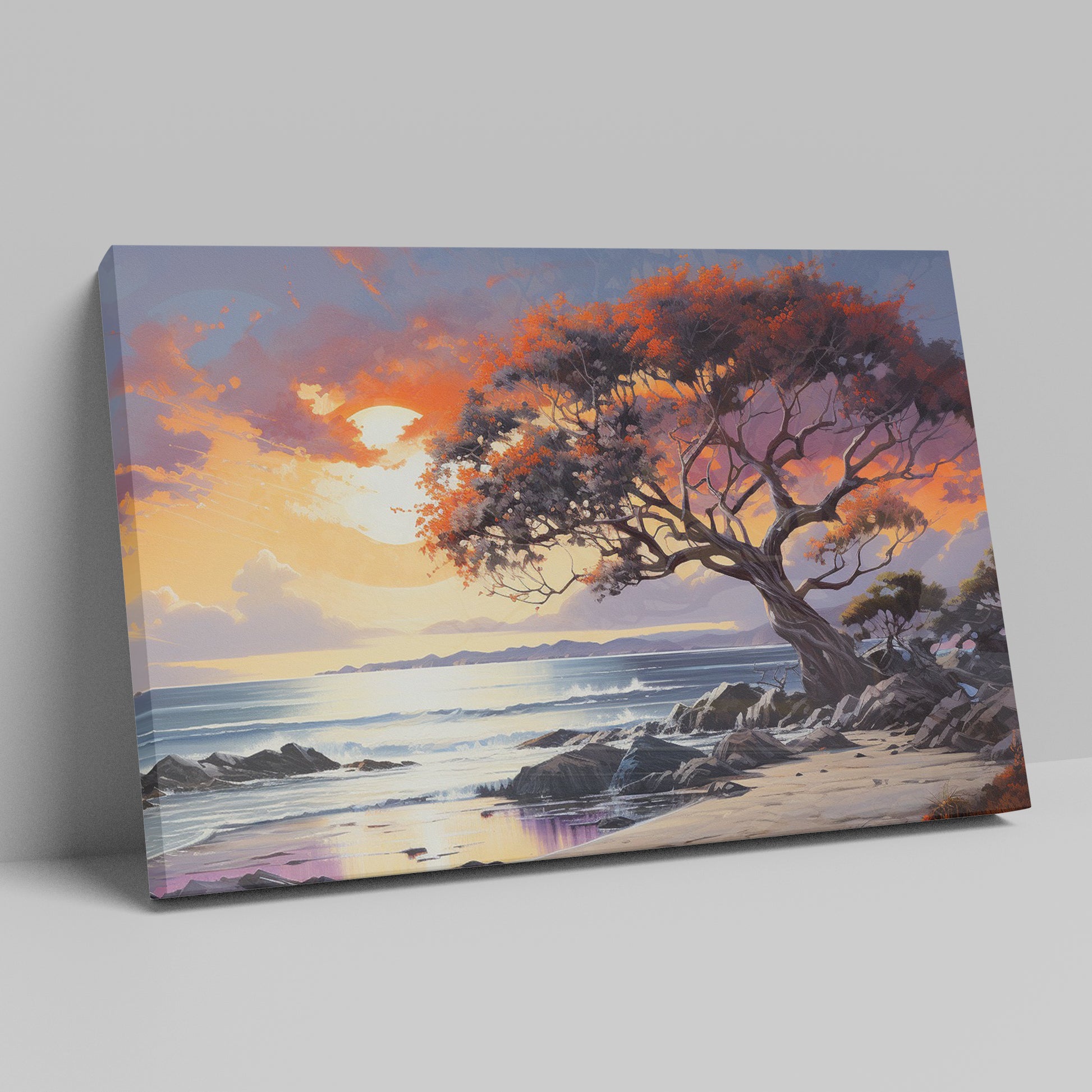 A vibrant sunset painting with an orange and red leafy tree overlooking a coastal seascape with gentle waves and cliffs.