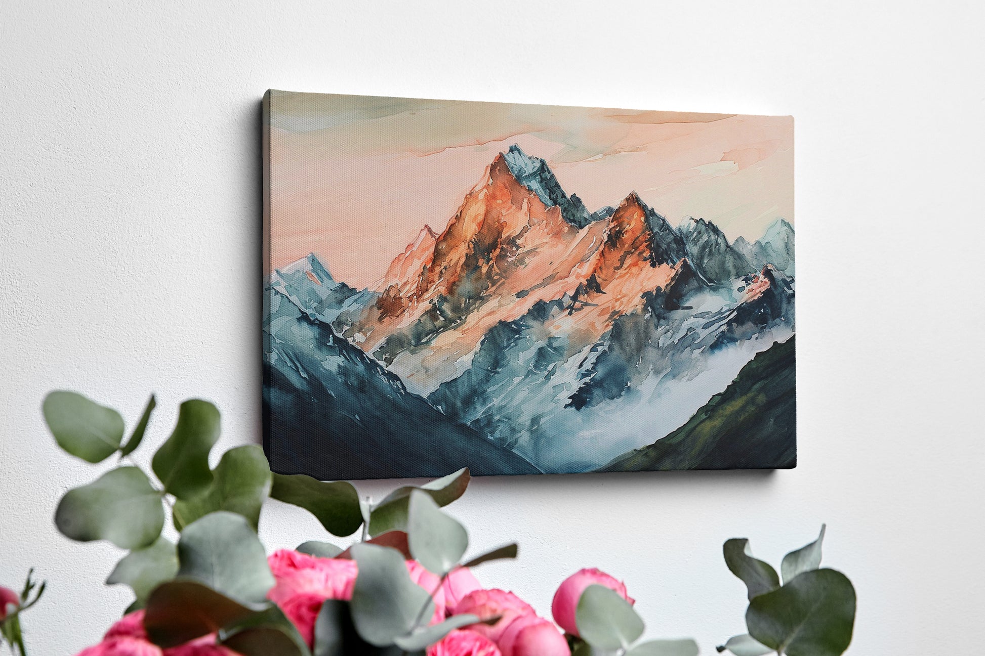 Framed canvas print of impressionist watercolor mountain landscape with sunset hues