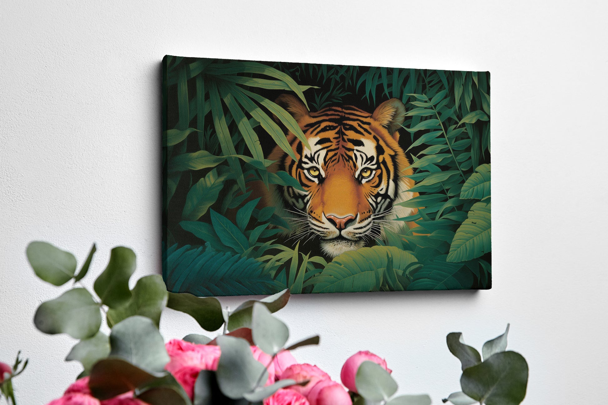 Canvas print of a tiger in a jungle with vivid green leaves around it