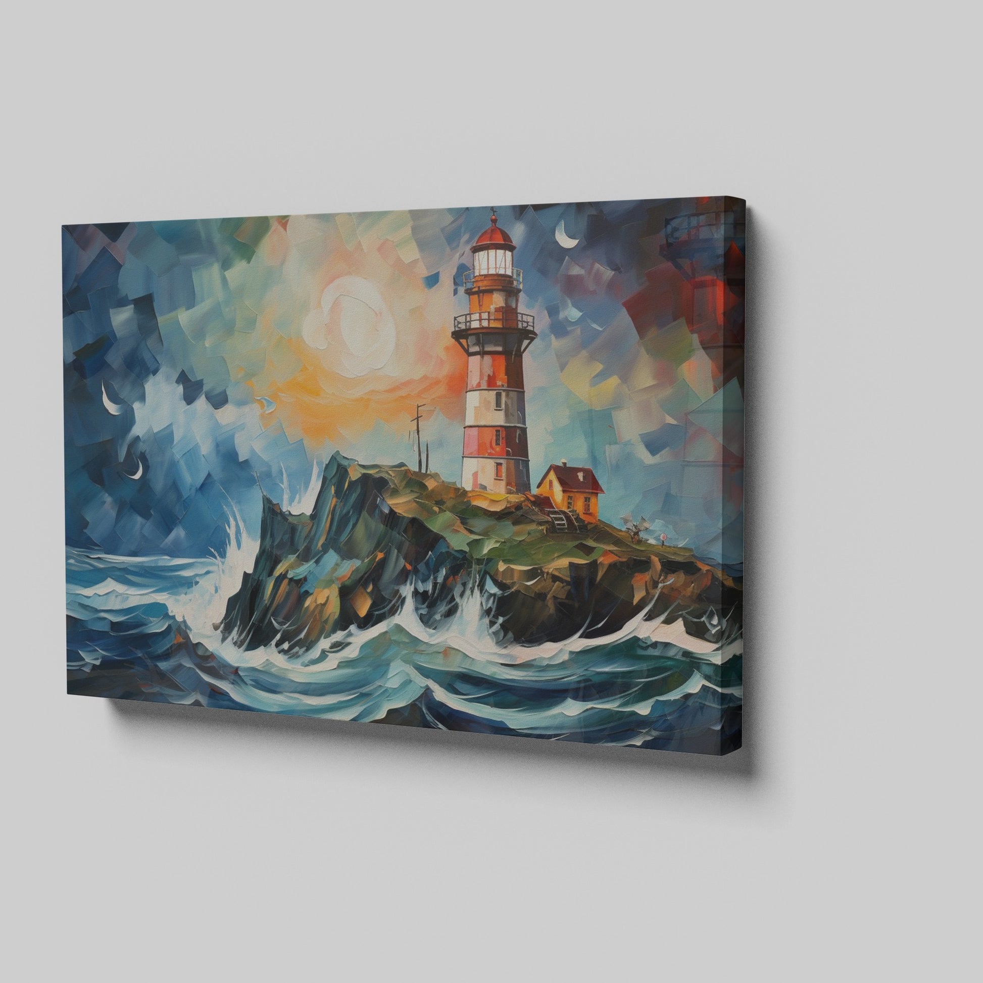 Framed canvas print of an abstract lighthouse seascape with vibrant sunset and dynamic brushstrokes