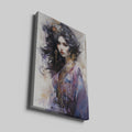 Watercolour portrait of an elegant woman with black hair and gold jewellery, with blue and purple accents